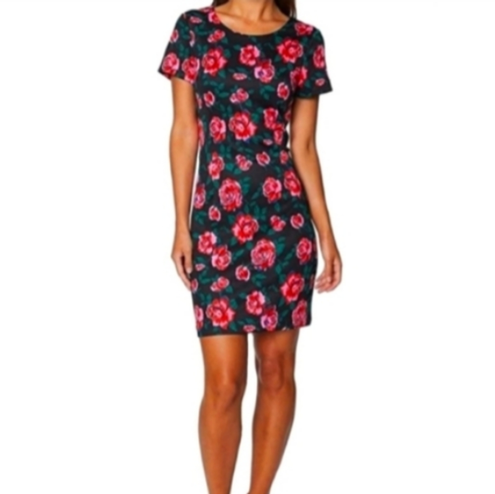 Sslv CrewNeck Vback Floralprint Woven midi SheathDress Forest